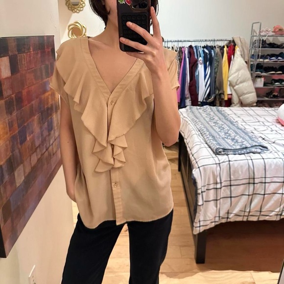 Chic Tan Ruffle V-Neck Blouse - Picture 1 of 7